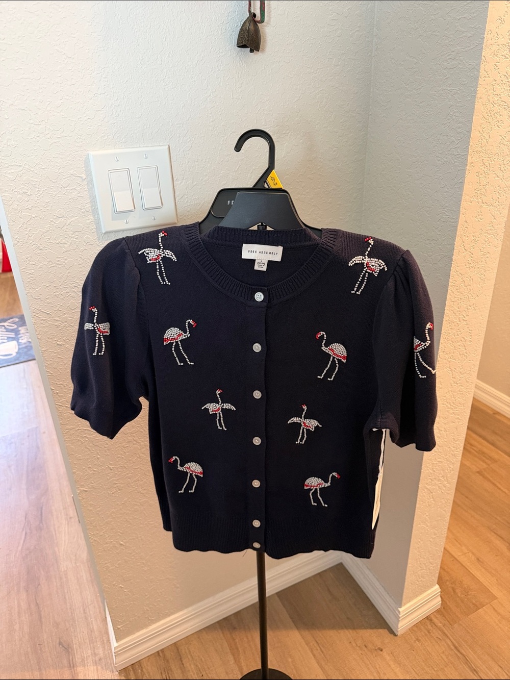Navy Flamingo Shiney Beaded Embroidered Knit Cardigan -